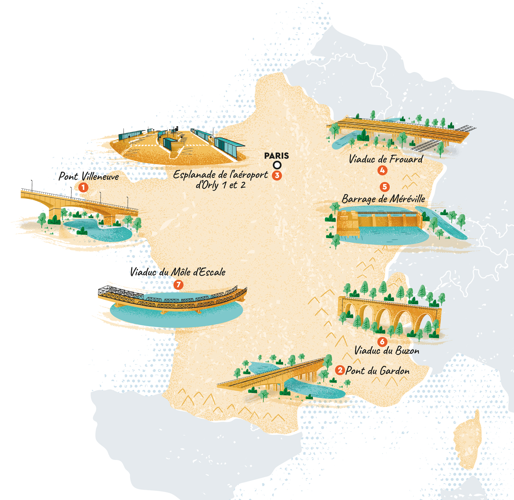 Illustrated map of France representing seven infrastructure across France: bridges, car parks, dams...