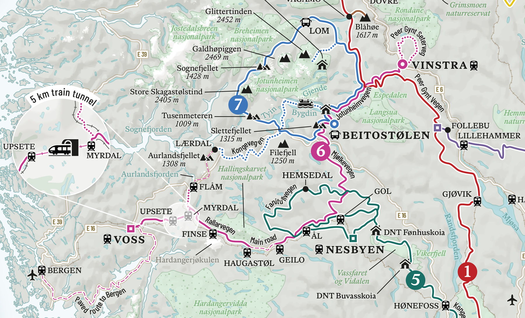 Close-up on the Voss/Laerdal/Nesbyen area of the map of Norway's National Gravel Routes