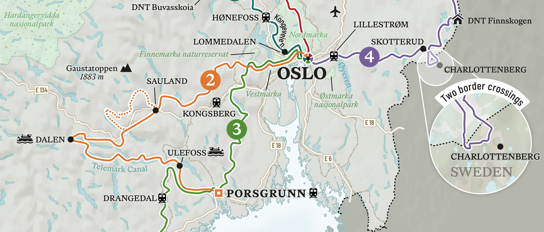 Close-up on the South Coast of Norway (Oslo, Porsgrunn) of the map of country's National Gravel Routes