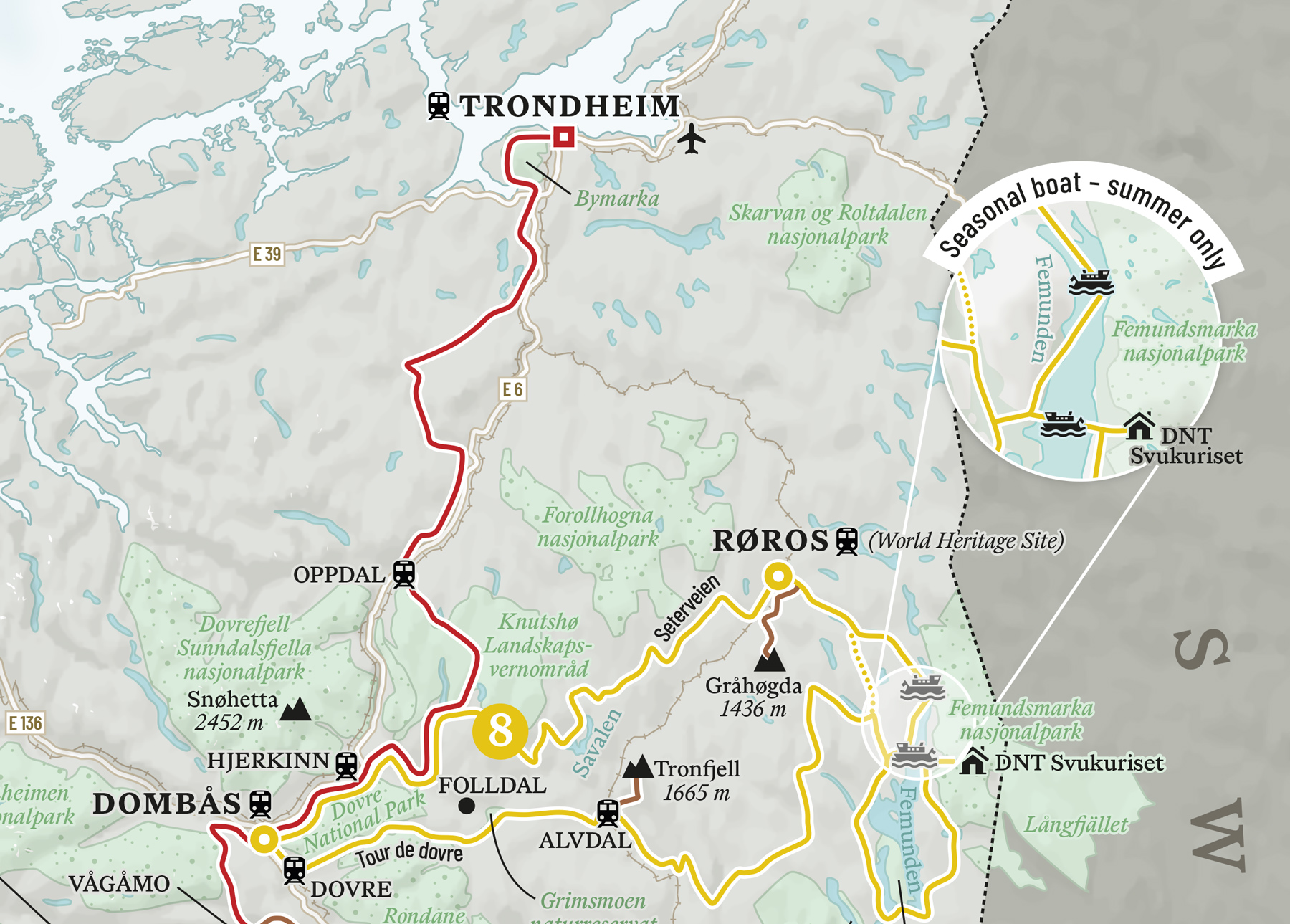Close-up on the Trondheim area of the map of Norway's National Gravel Routes