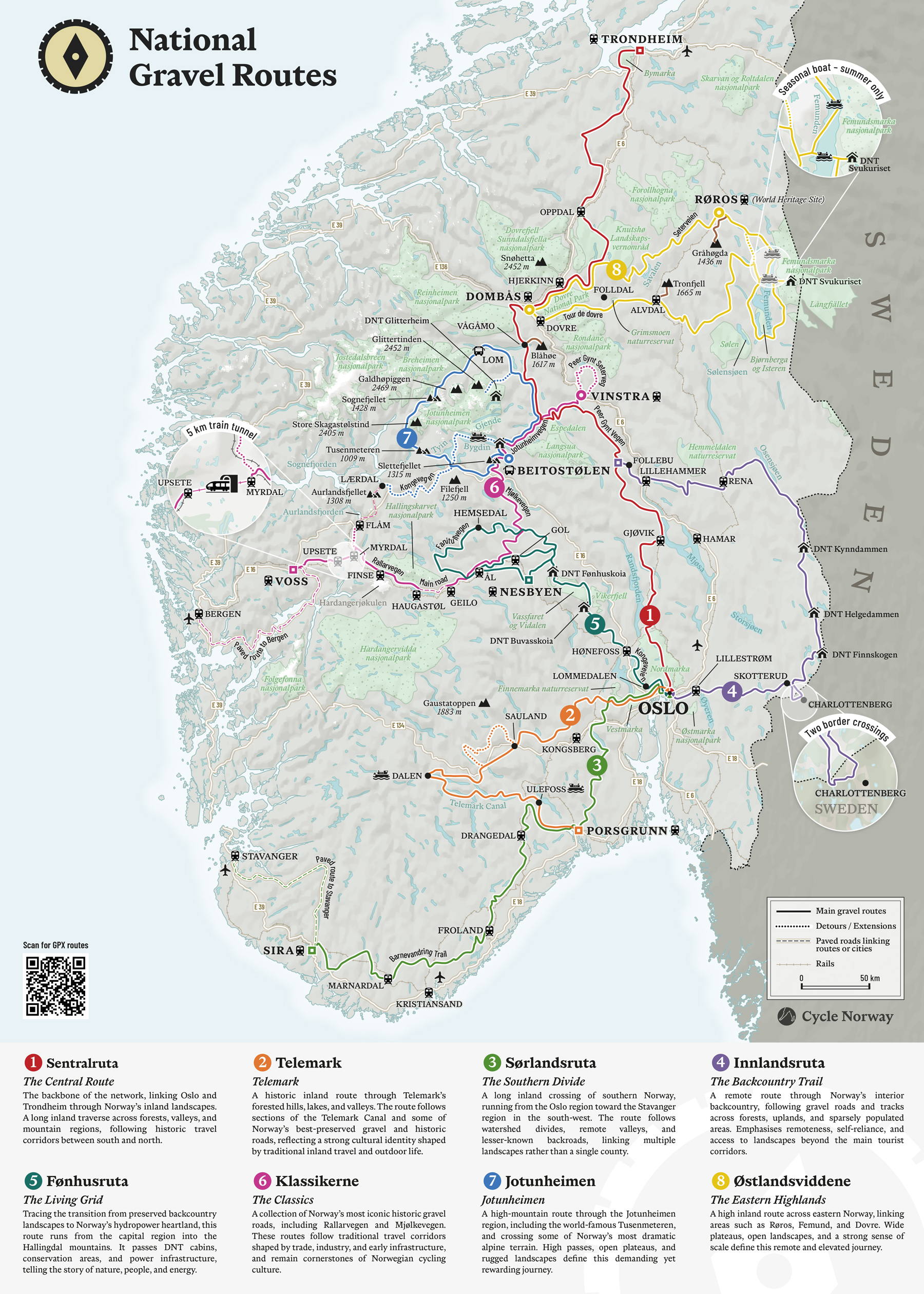 Map of the National Gravel Routes of Norway highlighting eight long-distance gravel cycling routes connecting some of the country’s most remarkable landscapes.