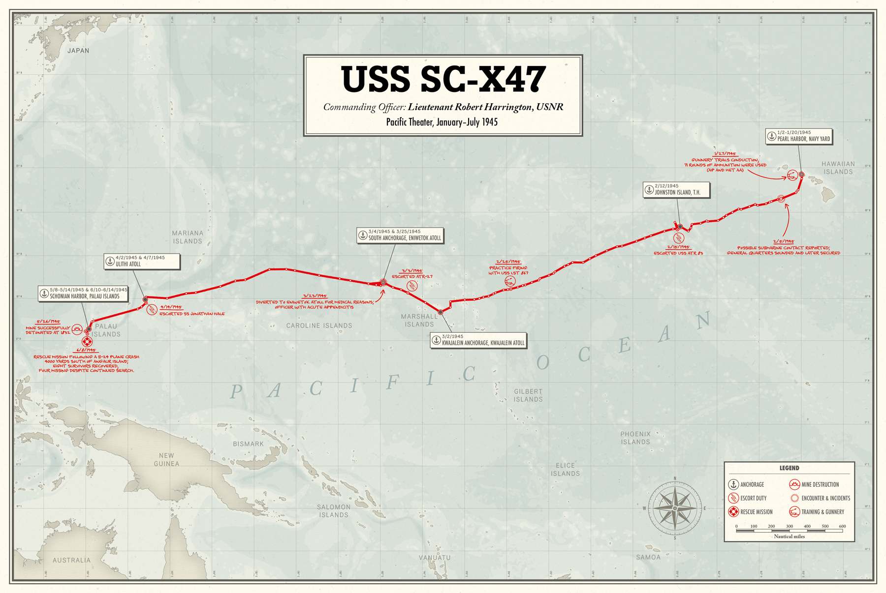 commemorative map tracing the route of a WWII naval vessel across the Pacific Ocean from Pearl Harbor to Palau Islands. Created by Greg Franco - Le Cartographiste