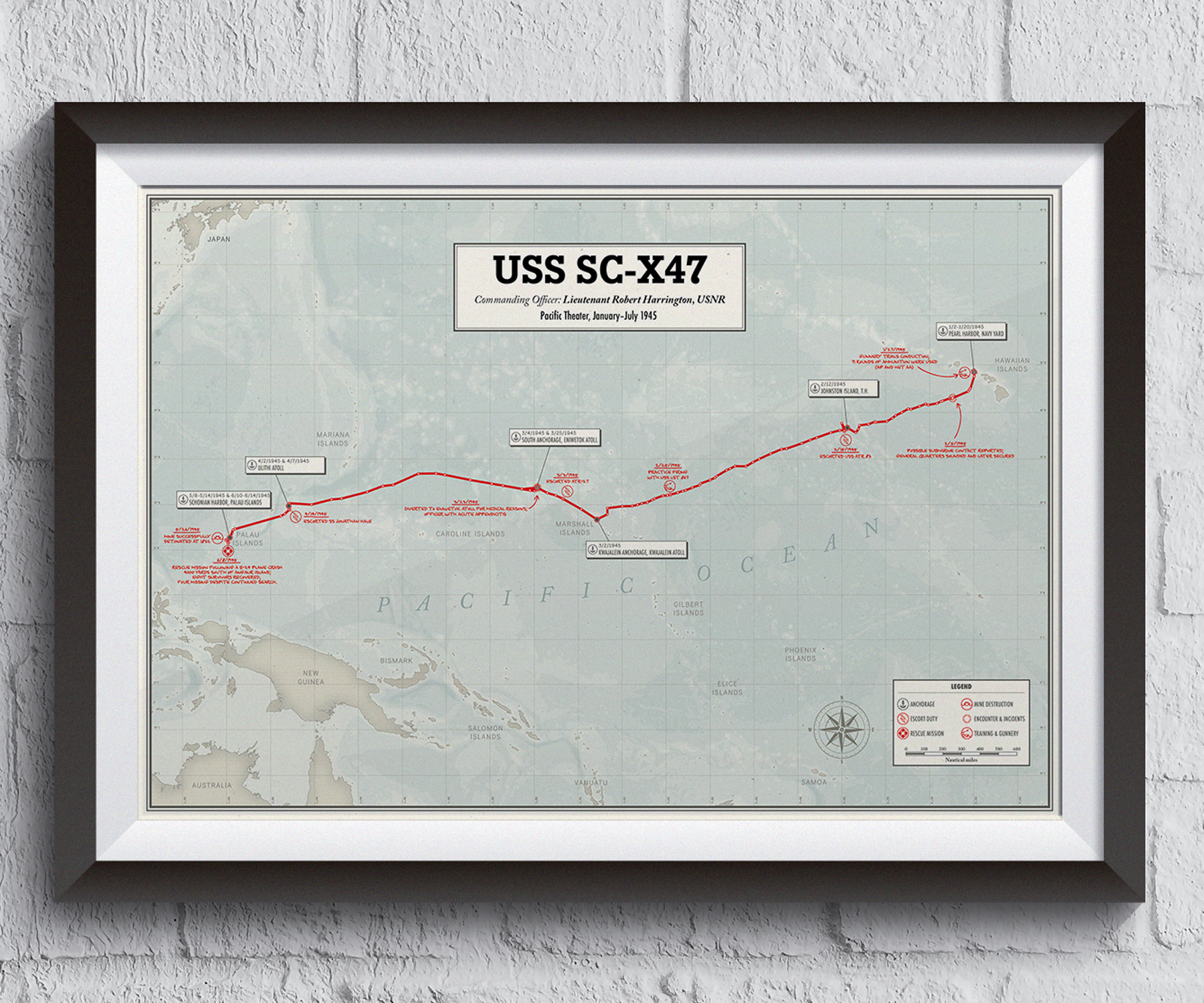 WWII submarine chaser route in the Pacific Ocean framed.