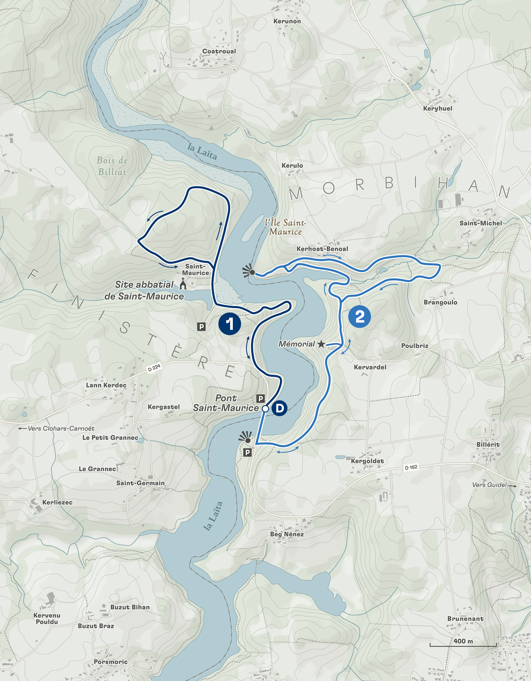 Editorial topographic map for Terre Sauvage highlighting an hiking trail and showing countour lines and hillshade. Created by Greg Franco - Le Cartographiste