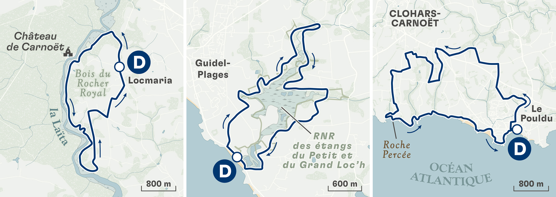 3 smaller maps striped down to the minimum, highlighting a hiking itinerary. Created for Terre Sauvage by Greg Franco - Le Cartographiste