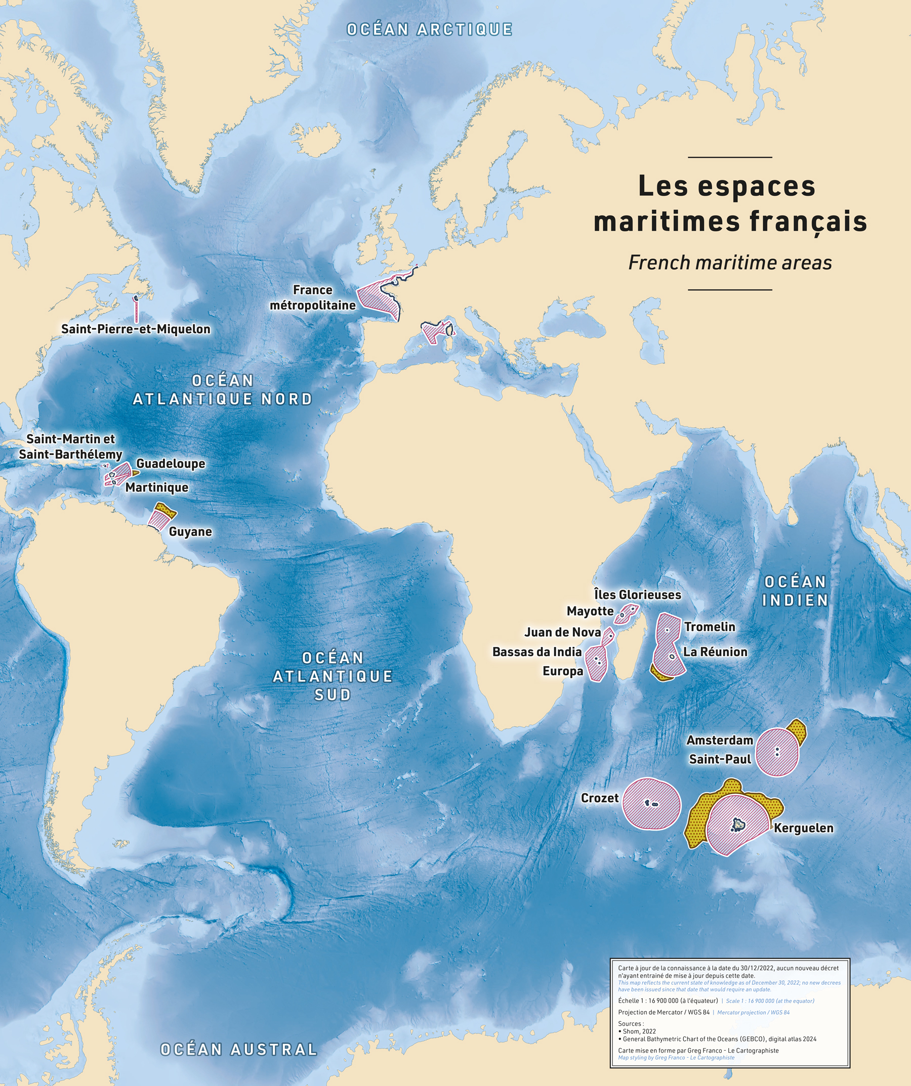 Map of the French maritime areas focused on the Atlantic and Indian oceans featuring France, Saint-Pierre-et-Miquelon, Saint Martin, Saint Bathélemy, Guadeloupe, Martinique, French Guyana, Glorieuses islands, Mayotte, Juan de Nova, Bassas da India, Europa, Tromelin, La Réunion, Amsterdam et Saint-Paul, Crozet et Kerguelen. Created for the Musée National de la Marine in Paris by Greg Franco - Le Cartographiste