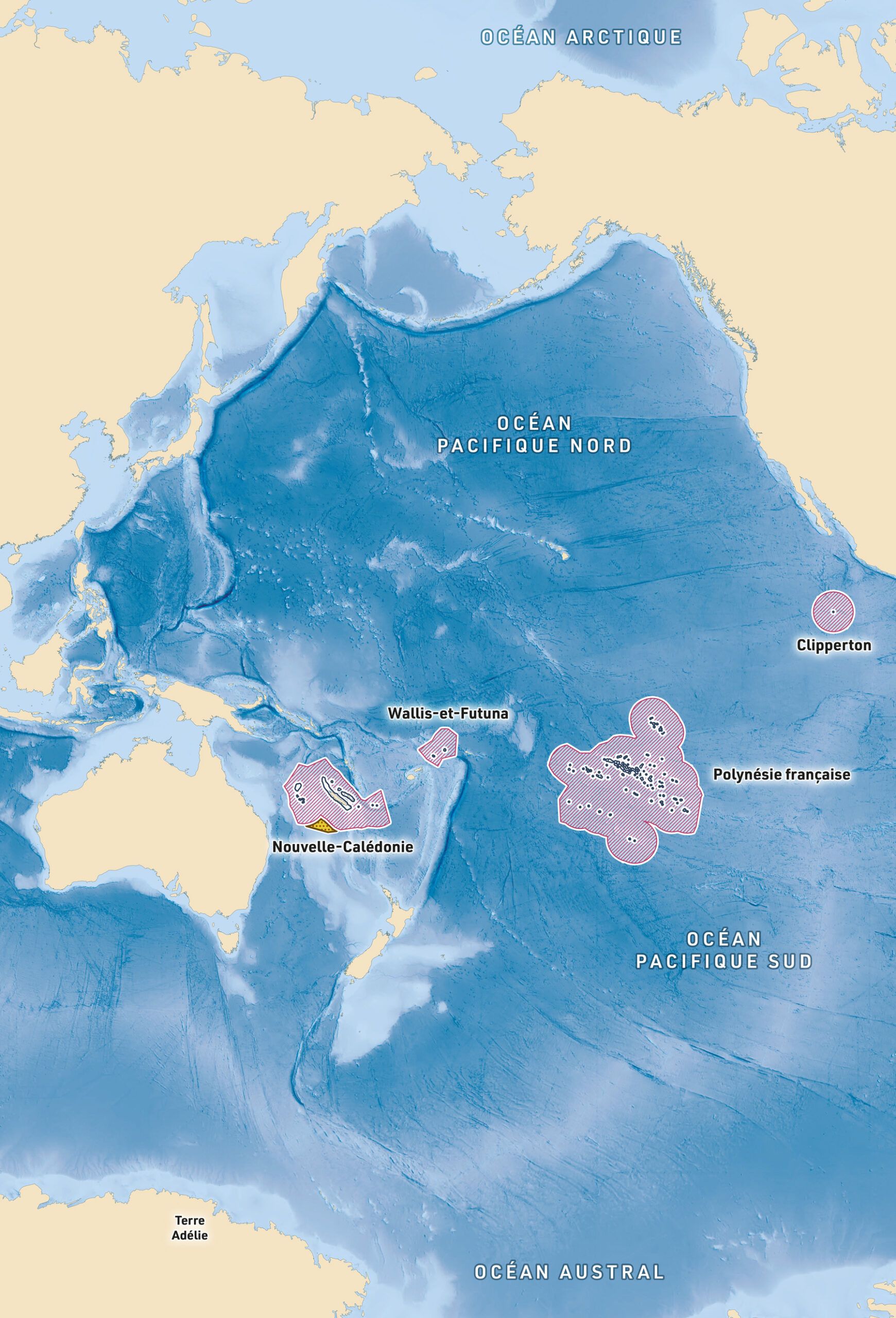 Map of the French maritime areas focused on the Pacific ocean featuring New Caledonia, Wallis-et-Futuna, French Polynesia and Clipperton. Created for the Musée National de la Marine in Paris by Greg Franco - Le Cartographiste