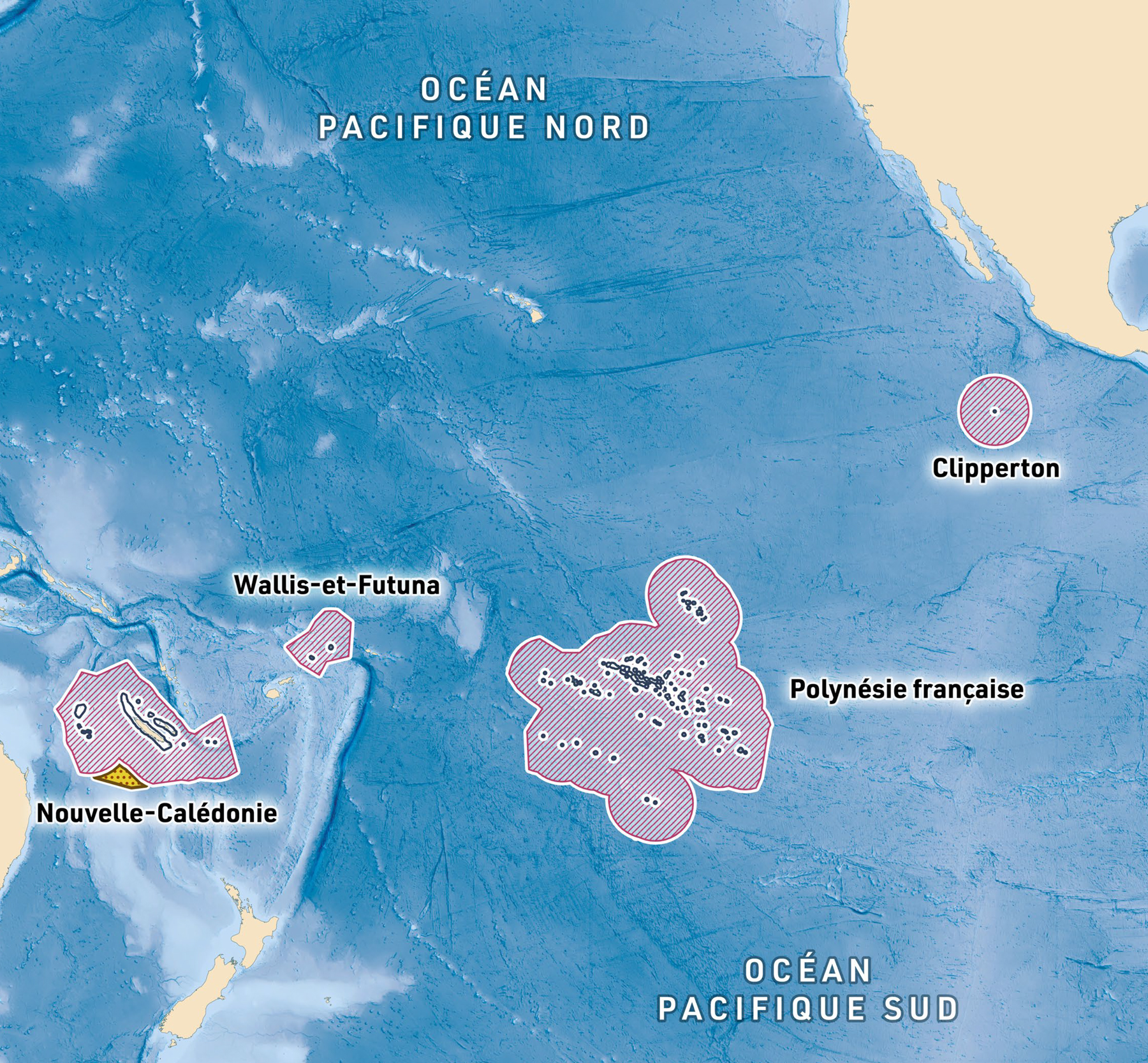 Map of the French maritime areas zoomed-in on the Southern Pacific. Created for the Musée National de la Marine in Paris by Greg Franco - Le Cartographiste. Printed in large format (3 meters wide).