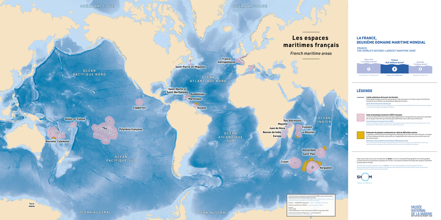 World map of the French maritime areas. Printed in a very large format (3 meters wide) and created for the Musée National de la Marine in Paris by Greg Franco - Le Cartographiste