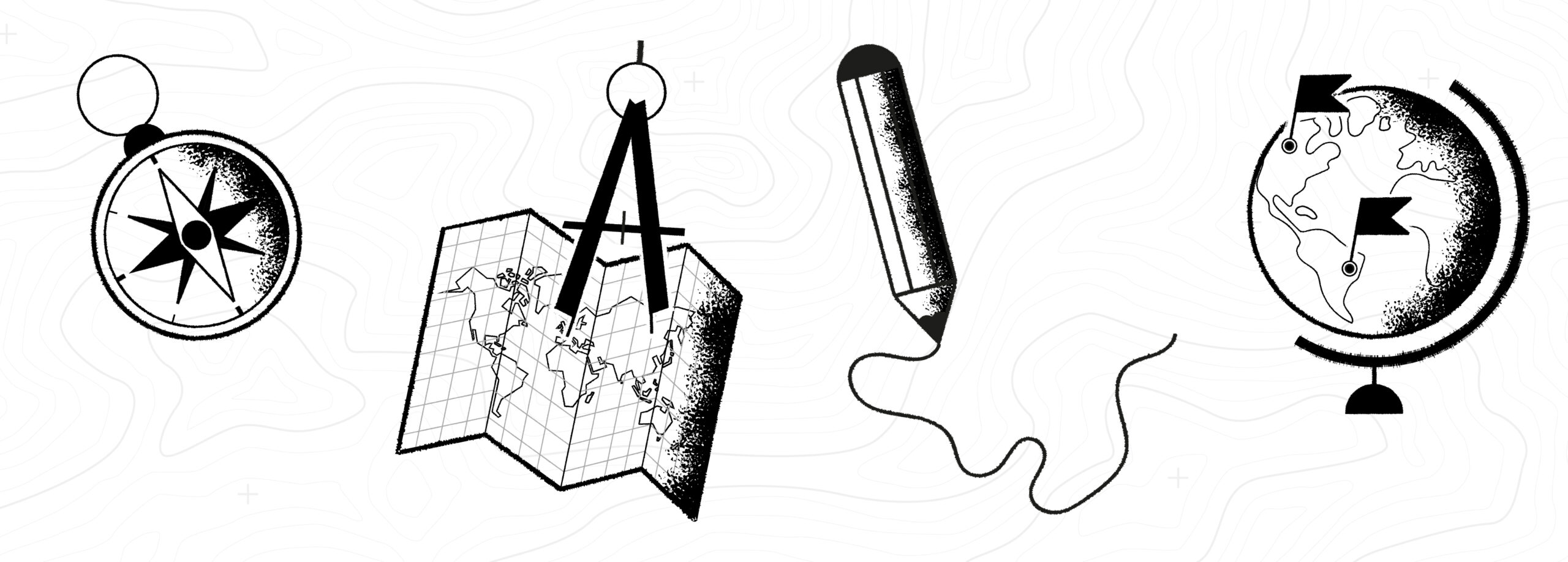 This is the header illustration of the article by Greg Franco - Le Cartographiste on who to hire for a map project. It's a black and white illustration featuring a compass, a map, a pencil and a globe.