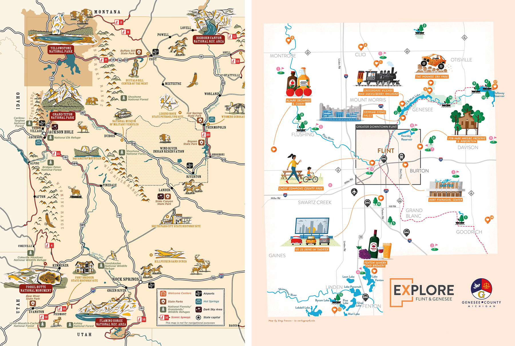The is a comparison of an illustrated map of Wyoming (on the left) and of Genesee County (on the right), both created by freelance map designer greg Franco - Le Cartographiste.