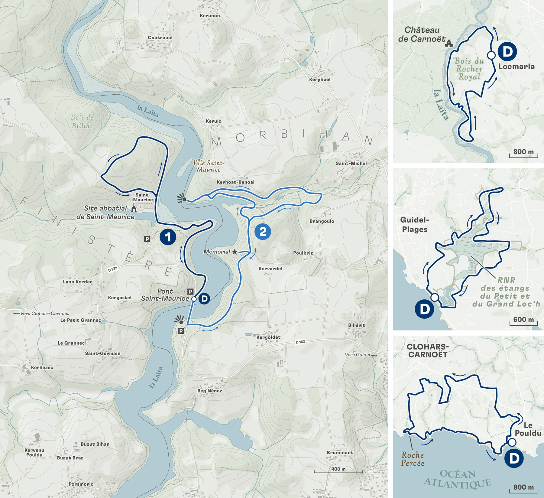 This is an example of simplified hiking maps created by Greg Franco - Le Cartographiste for terre Sauvage. It shows a large topographic map and 3 smaller maps, all of them highlighting an itinerary with different degrees of details.