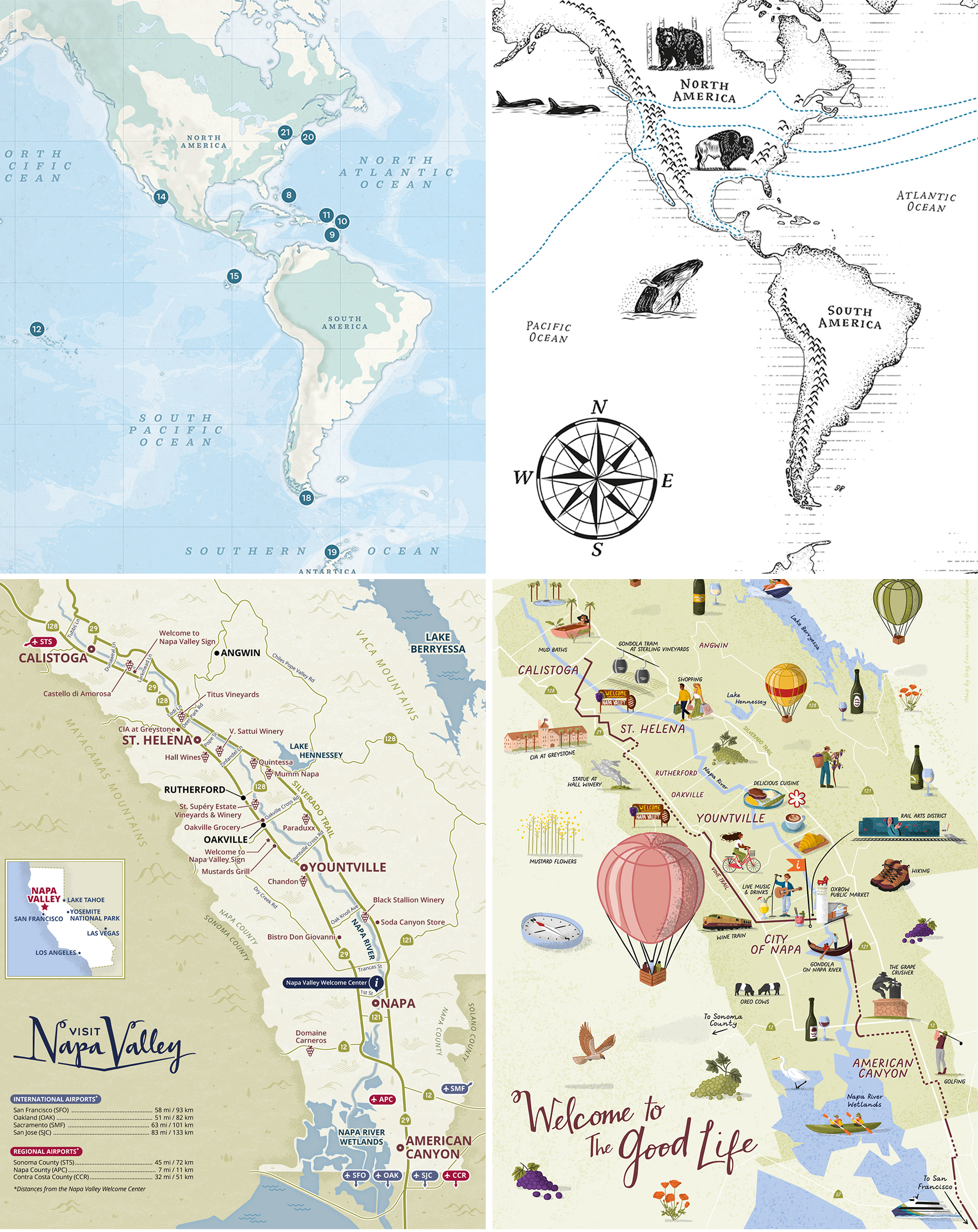 A side by side views of two maps of the Americas and two maps of the Napa Valley in California. Each area is represented as a practical map and as an illustrated map to show you can have different approaches and style to represent a similar area and that all it needs is adaptation and the expertise to know how to communicate through maps.