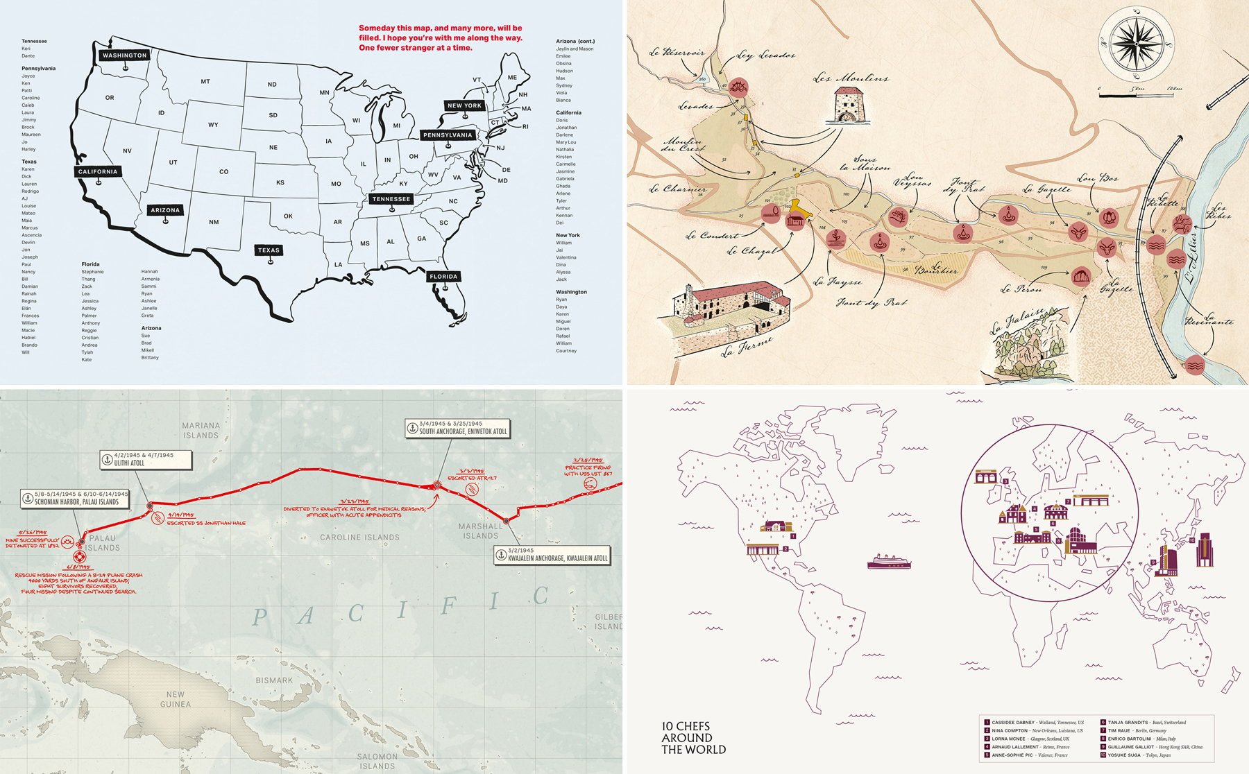 Example of the variety of illustrated maps Greg Franco can create: a map of the US, a map of a private property, a map of the pacific and a map of the world.